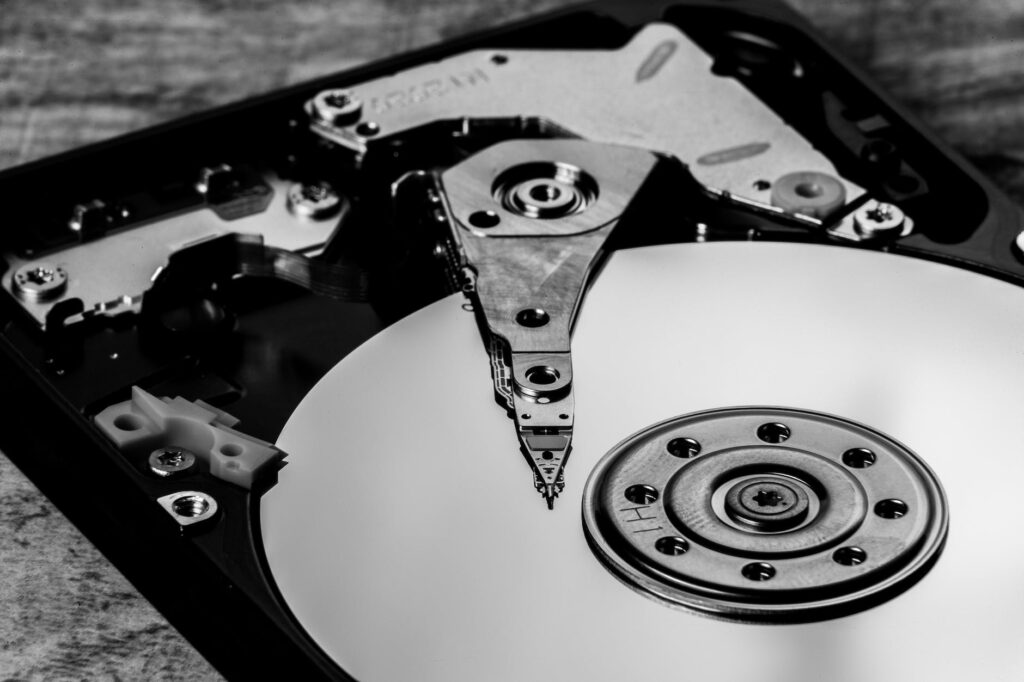 silver and black hard disk drive