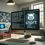Terminal de Linux con Snort IDS ejecutándose en Debian 12, mostrando el logo de Snort en pantalla junto a un entorno de trabajo técnico con libros de ciberseguridad.