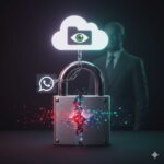 Candado roto y datos que fluyen de un móvil a una nube de Google Drive con un ojo. Representa la vulnerabilidad de la copia de seguridad de WhatsApp no cifrada.