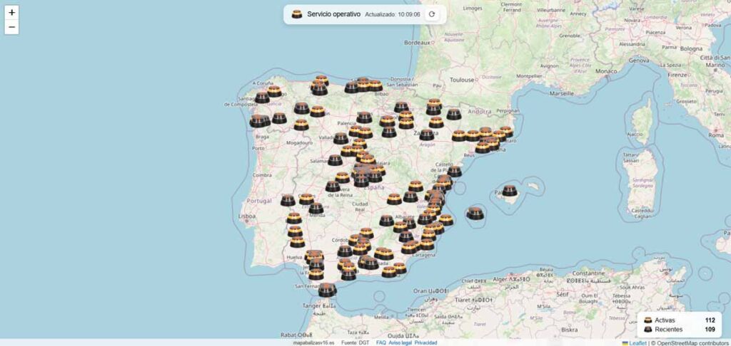 Captura del mapa de incidencias tipo baliza V16 con varios puntos activos en carretera